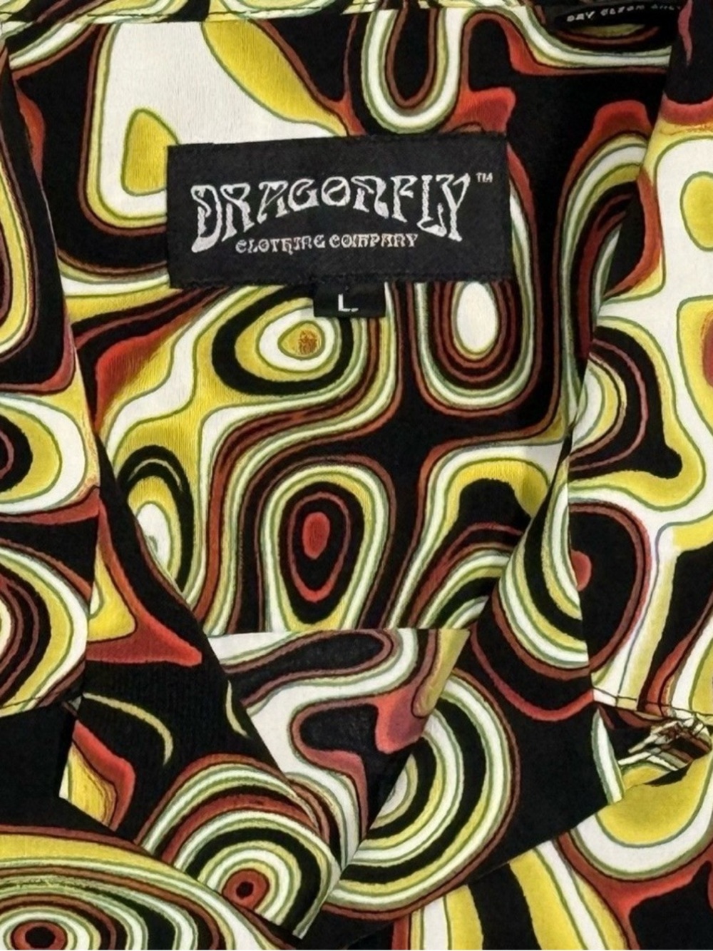 Abstract Psychedelic Pattern Button Shirt - Dragonfly 70s Boho Art Wave Print - Picture 4 of 4